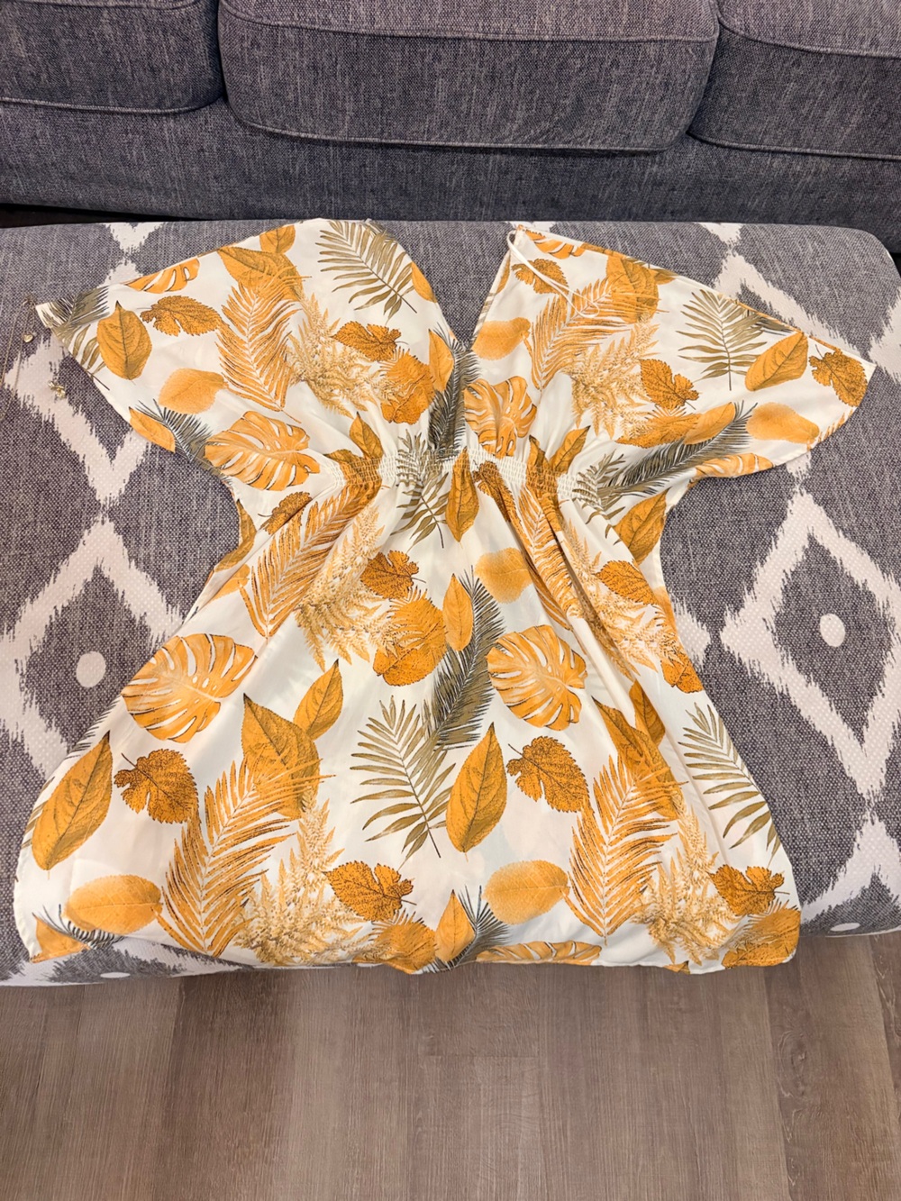 Decorative Leaf Print Resort Dress in Mustard Yellow